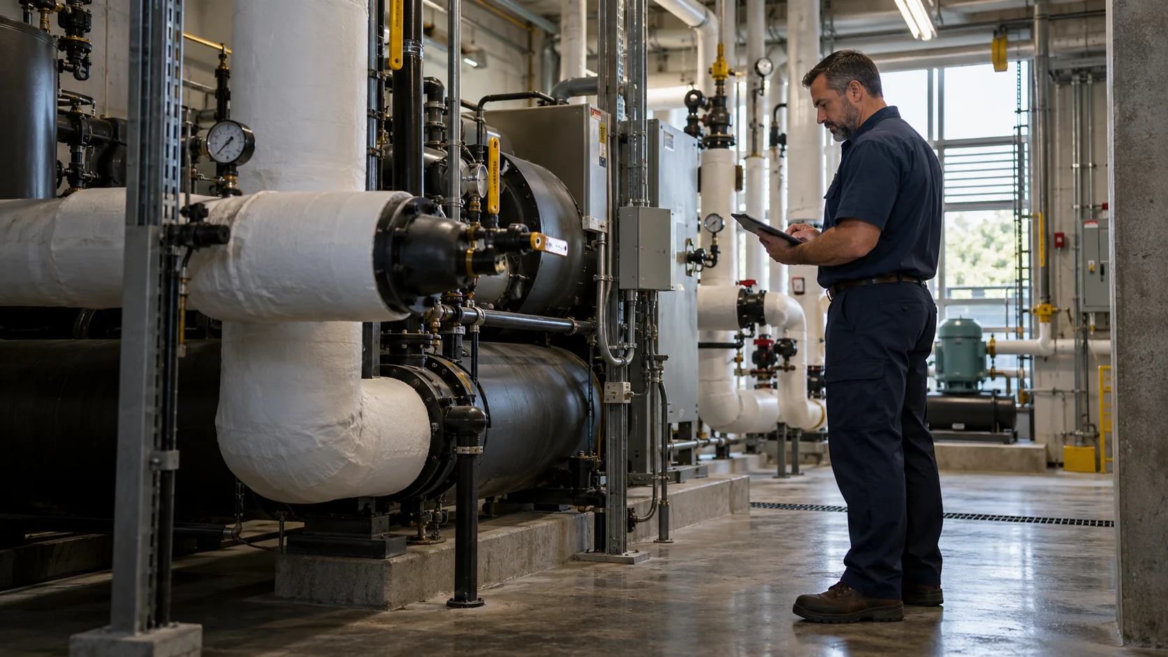 Technician assessing commercial mechanical equipment
