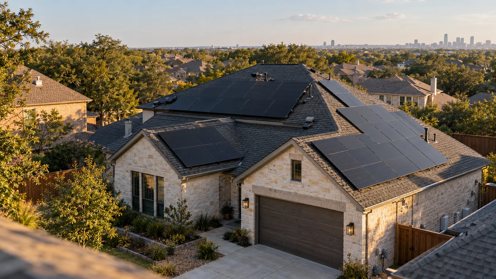 Residential rooftop solar installation in a Texas neighborhood
